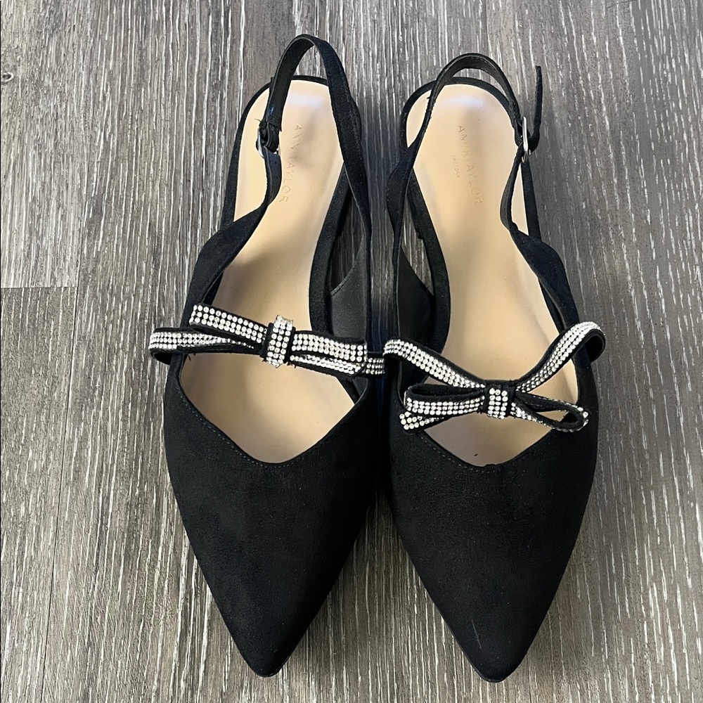 Ann Taylor Black Slingback Flats with Checkered Bow